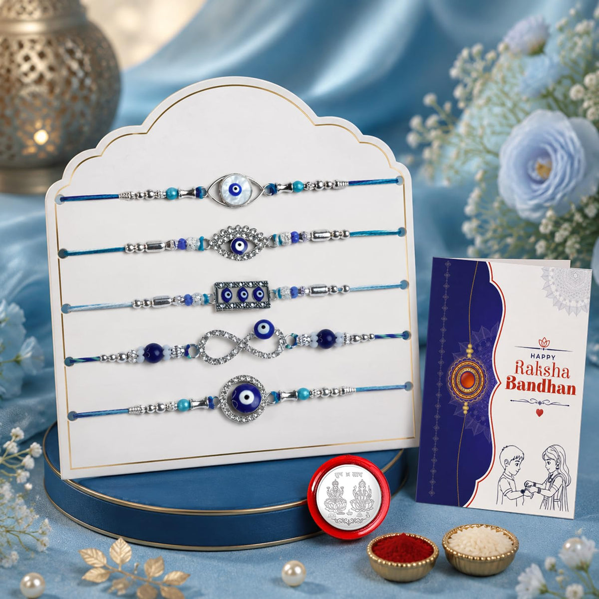 Oblivion 5 Fancy Rakhi Set for Bhaiya, Assorted Handmade Threads with Roli Tikka, Silver Color Pooja Coin & Greeting Card | Multicolor Beads Design, Rakshabandhan Festive Gift Combo, Pack of 8
