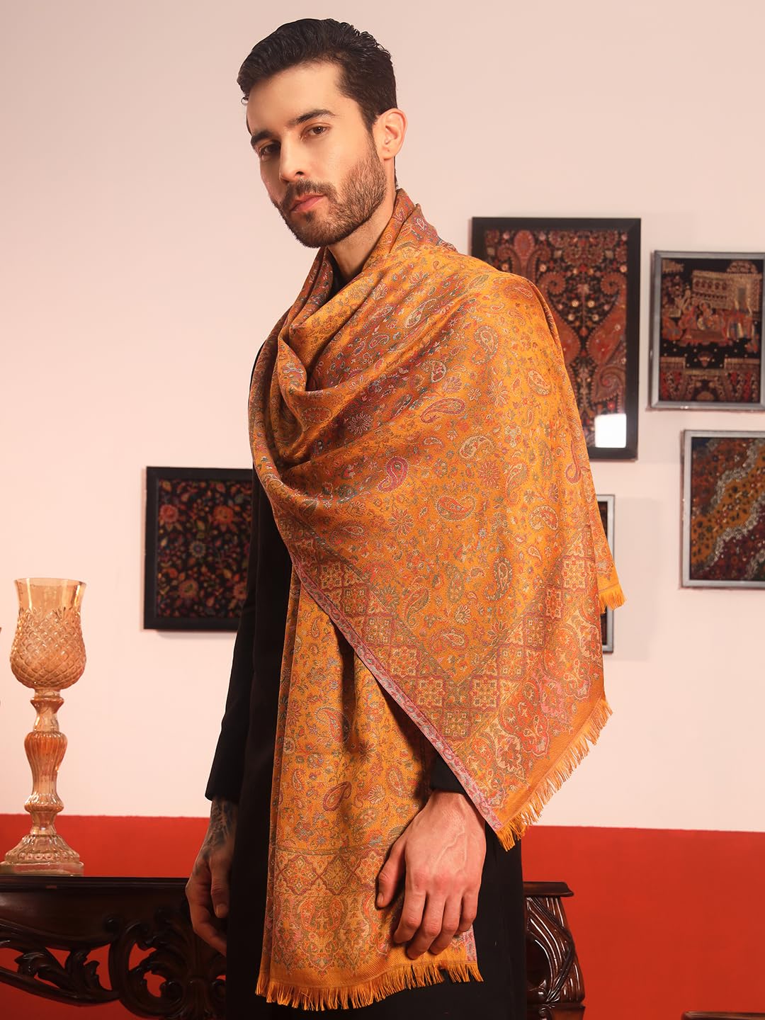 Pashmoda Men Chandni Kaani Stole, Authentic Kashmiri Luxury Pashmina Style Shawl, Stole, Small Size Gents Lohi, (Size 28x80 Inches, Mustard Color) MAVST07