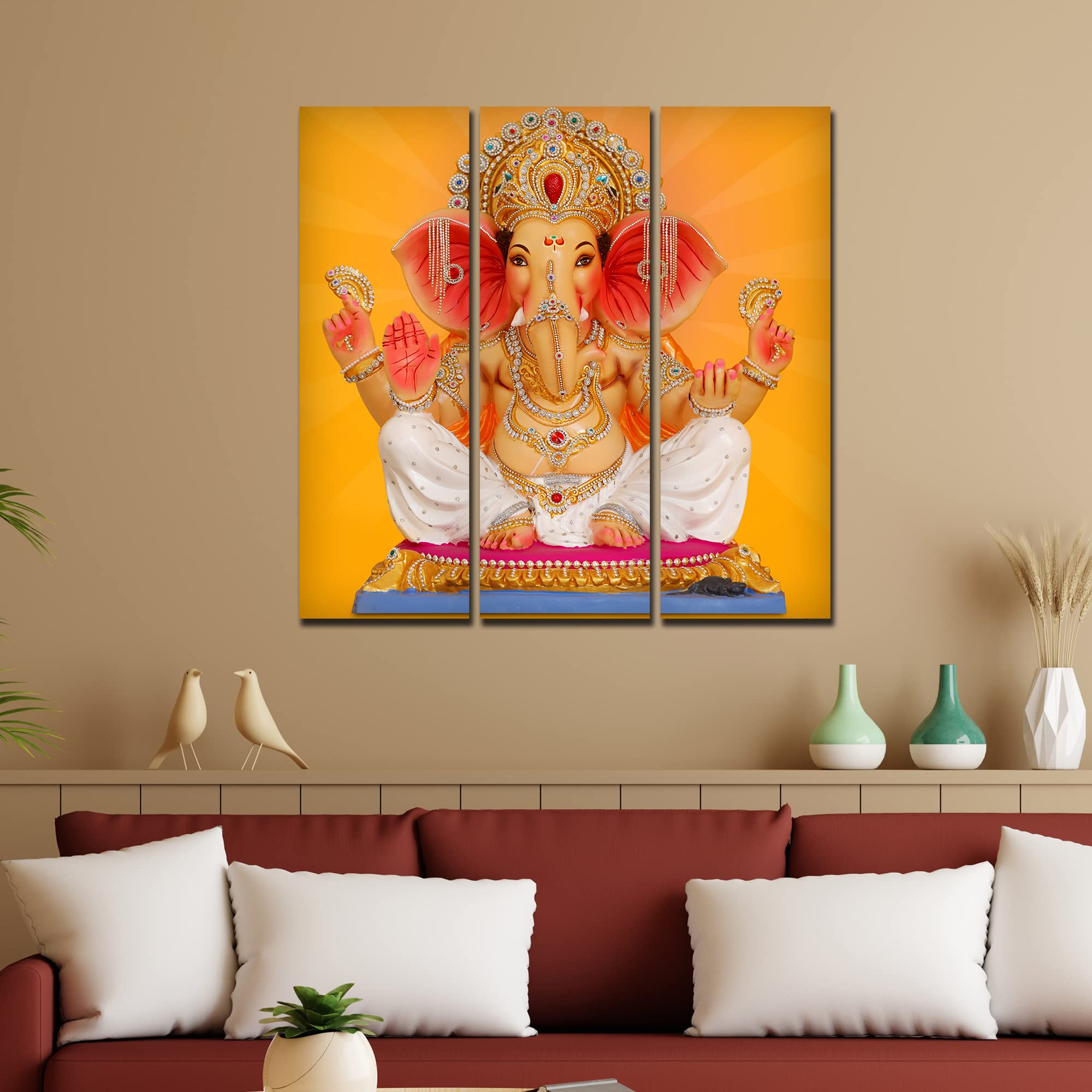 VIBECRAFTS Beautiful Ganesha 3 Pieces Canvas Wall Painting Fitted With Wooden Frame For Home | Office | Living Room | Gifts (PTVC3Pcs1_9564)