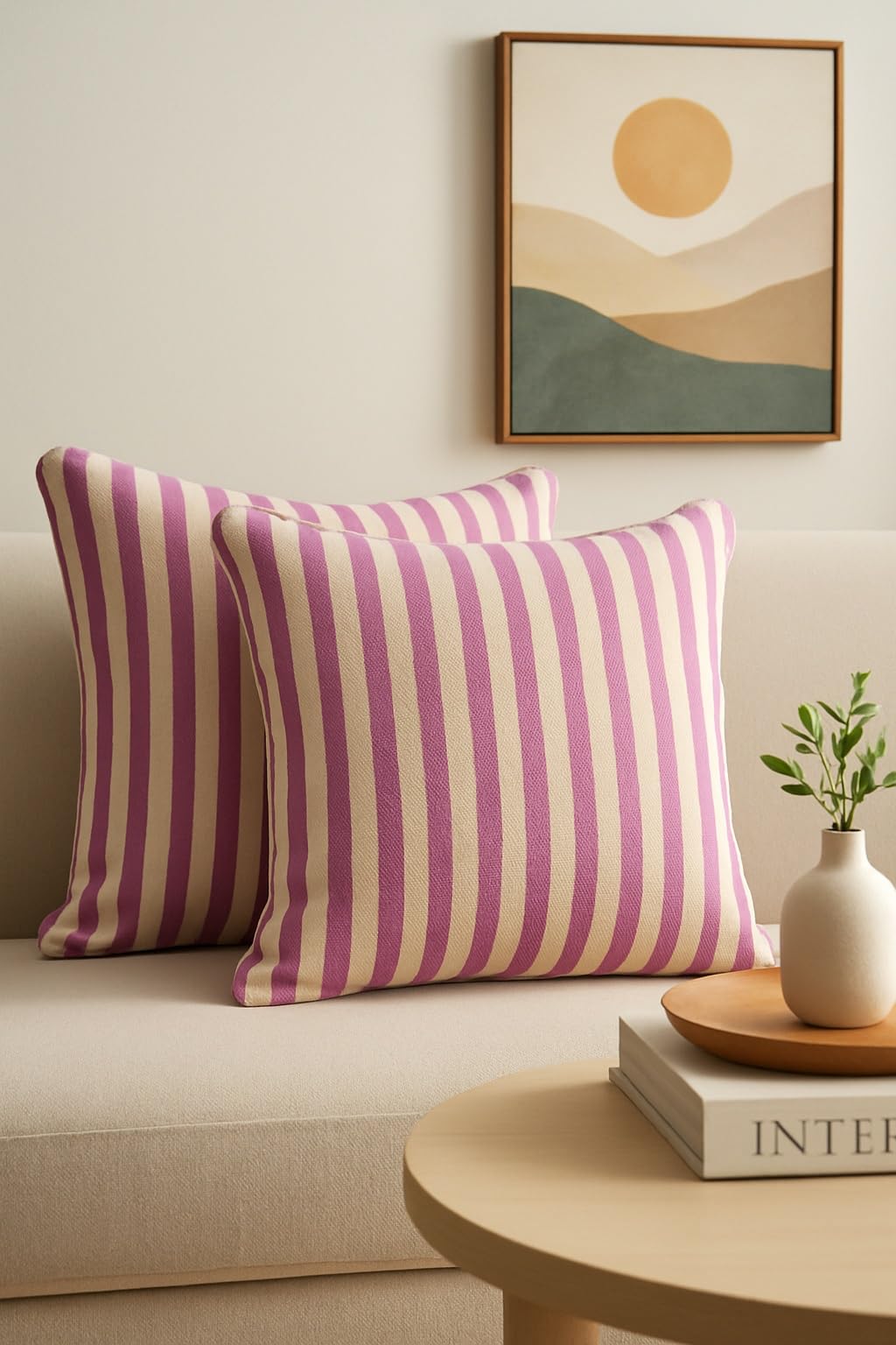 AWARD VELVETS - 100% Cotton - Light Purple Stripes Cushion Covers Set of 2 (16 x 16 inches) - Cushion Covers for Sofa & Living Room Decor