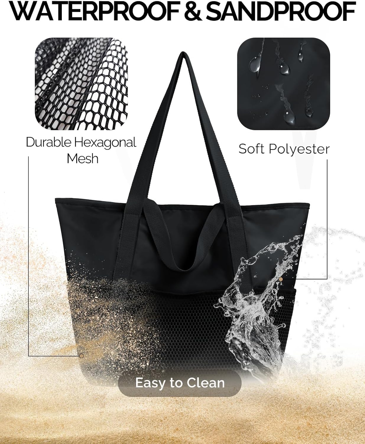 hirTa Forma Teacher Tote Bag for Women Girls Younger Girl Office Work Multipurpose Shoulder Travel Grocery Beach Bag Hobo Foldable Reusable Waterproof Sandproof Pool Bag (Charcoal Black)