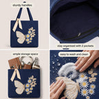 MASQ Premium ToteBag for Women with Zipper | Embroidered Foldable Shoulder Bag with Multiple Pockets | Spacious Handbag for College & Office | Eco-Friendly & Reusable