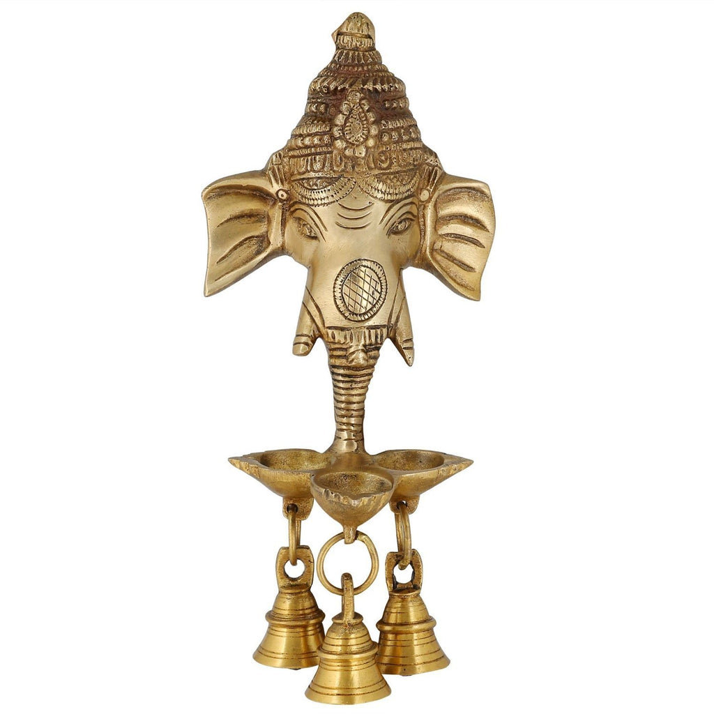 ARTVARKO™ Brass Ganesh Ganesha Wall Hanging Idol Oil Lamp Three Diyas and Bells Puja Gifting Entrance Home Decor Idol 9.5 Inch.