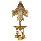 ARTVARKO™ Brass Ganesh Ganesha Wall Hanging Idol Oil Lamp Three Diyas and Bells Puja Gifting Entrance Home Decor Idol 9.5 Inch.