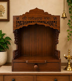 Wooden Pooja Mandir with Drawer, Shri Ganeshay Namah Carved Size 18x12