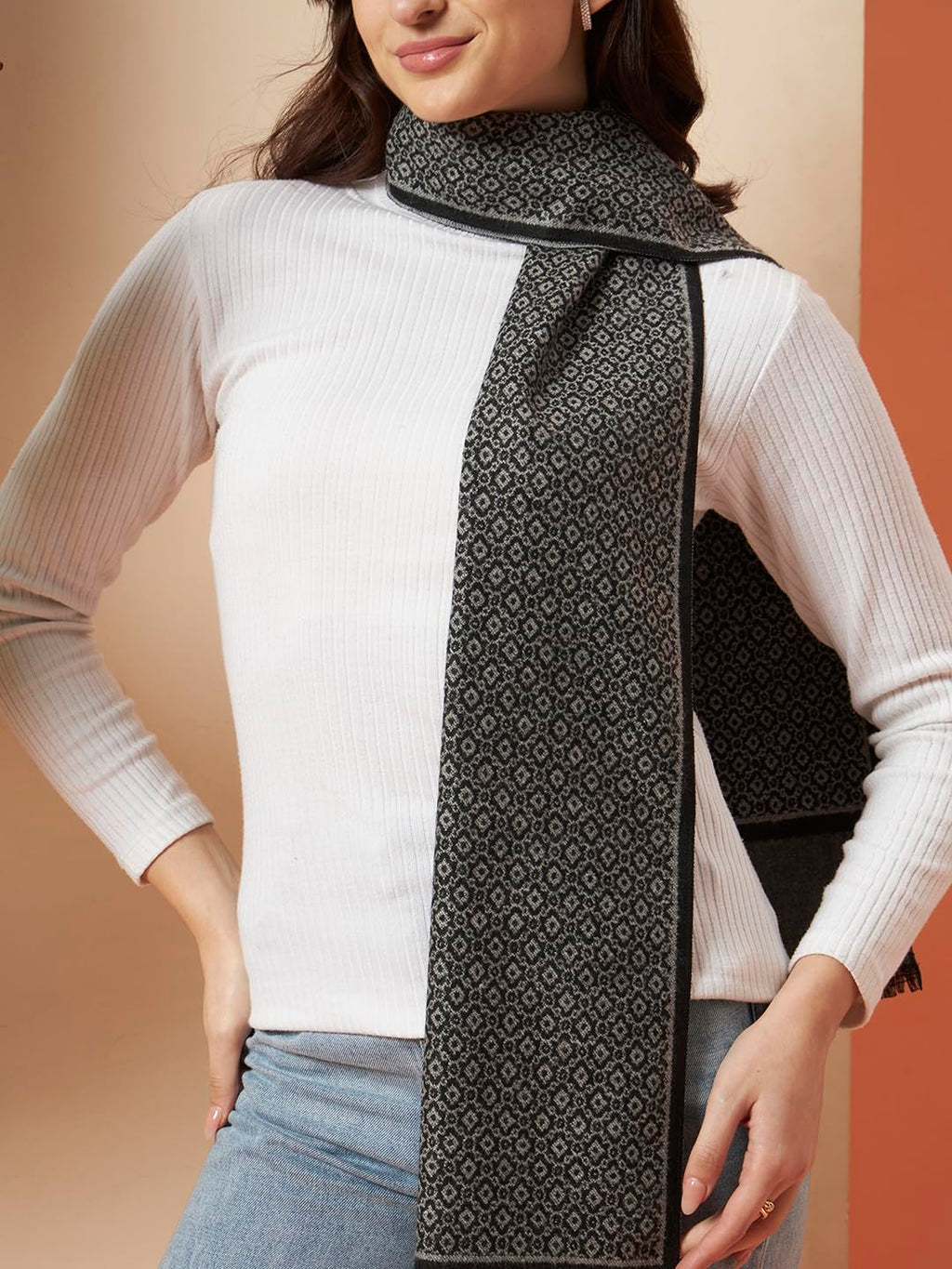 Ravaiyaa - Attitude is everything Women Woolen Ikat Design Casual Warm Winter Wear Muffler Scarf Stole 72x14 Inch (Grey & Black Abstract)