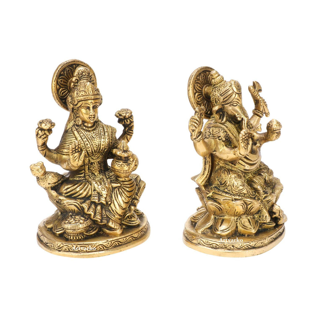 ARTVARKO Brass Ganesha Laxmi Ganesh Lakshmi Bhagwan Idol Sitting on Lotus Ganpati Murti Statue for Home Office Puja Success Décor Gift 5 Inches
