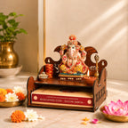Gift Kya De Wooden Small Mandir for Home | Shubh Labh with Kalash Carving & Utility Shelf | Small Pooja Temple for Table, Wall, or Shelf | DIY Wooden Pooja Mandir | 8x8x8.5 Inch