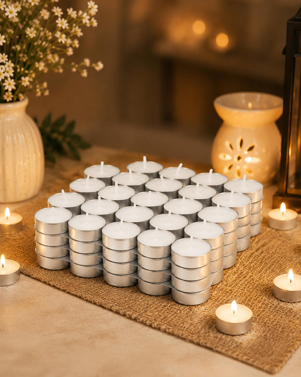 Homesake® Tea Light Candles Pack of 100, Unscented Long Burning Smokeless White Wax Candles for Diwali Decoration, Home Décor, Candle Holders, Spa, Meditation & Romantic Lighting