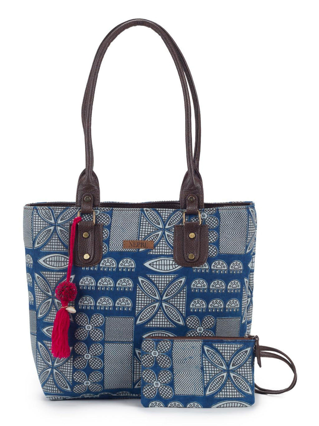 NEPRI Office Pouch Tote Bag | Stylish Set of 2 Tote Bags for Women| Vegan Leather & Handblock Printed Fabric Handbag with Double Handle Shoulder Strap| Daily & Travel Use | WPT-006-18