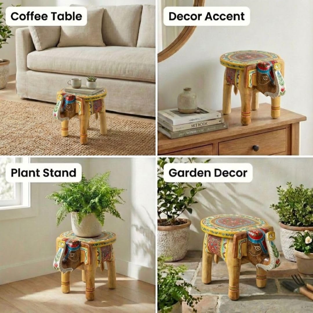 ATRANGI STUDIO Natural Colourful Handpainted Wooden Elephant Stool Cum Showpiece | Mango Wood Traditional Multipurpose Stool for Living Room Decor & Mandir | Perfect for Plant Stand | 8x8x10 inch
