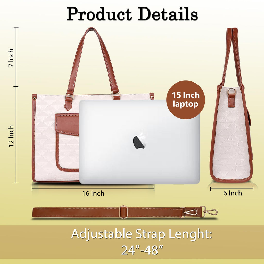 Womanix PU Laptop Tote Bags for Women with Front Pocket, Work Bag,15 inch tote for Women, Large Capacity Handbag for Office, School, Travel, Teacher Purse (Beige Tan)