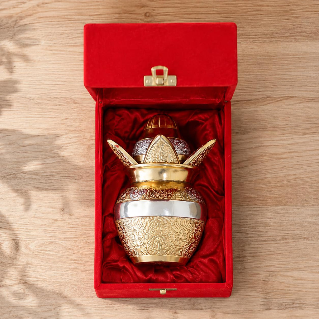 KridayKraft Gold-Silver Plated Pooja Kalash with Coconut, Leaves, and Royal Velvet Box Kalash Ideal Poojan Home, Temple, and Living Room Décor (Pack of 1)