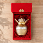 KridayKraft Gold-Silver Plated Pooja Kalash with Coconut, Leaves, and Royal Velvet Box Kalash Ideal Poojan Home, Temple, and Living Room Décor (Pack of 1)