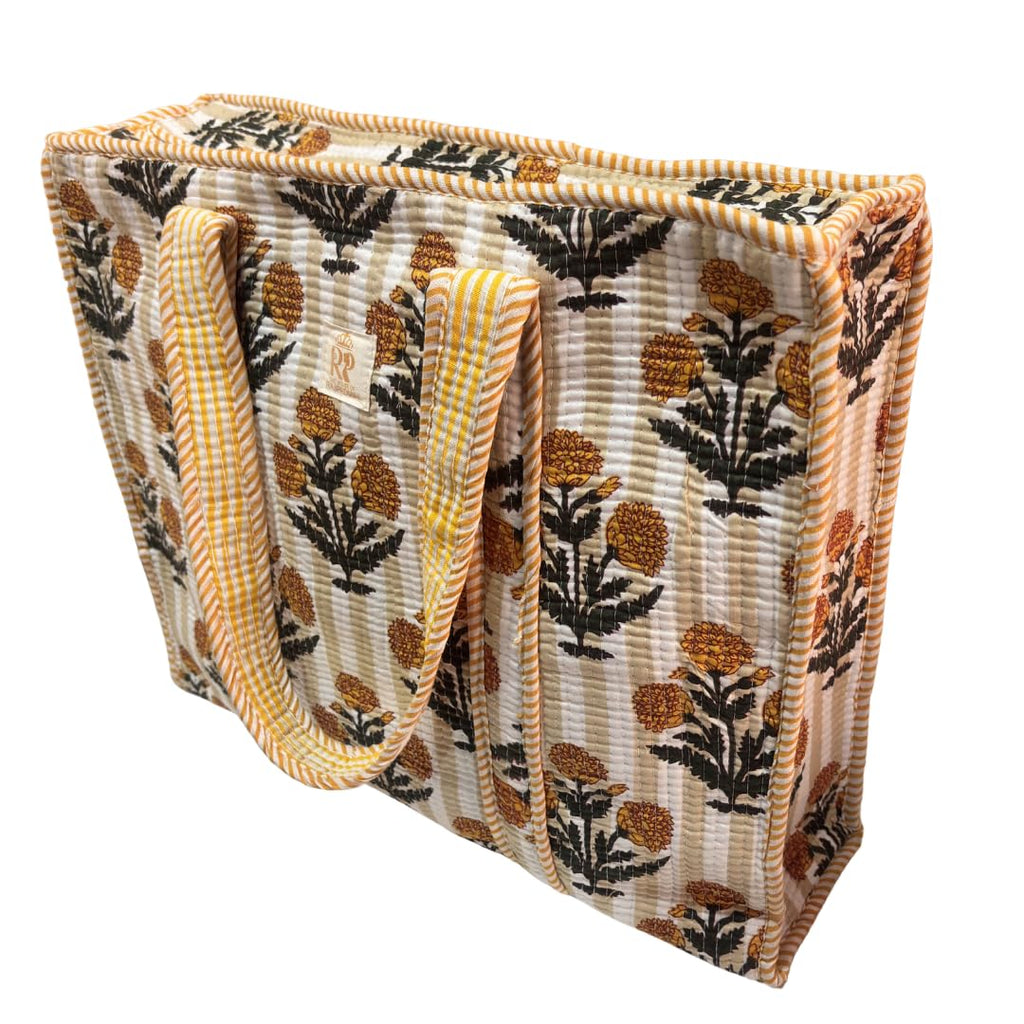 Bazaar Bhoot Edition Premium Cotton Quilted Shopping Tote Bag - Multipurpose Long Lasting Foldable Reusable Bag with zipper for Shopping, Travel & Daily Use - Made in India (Yellow (250 GSM Cotton))