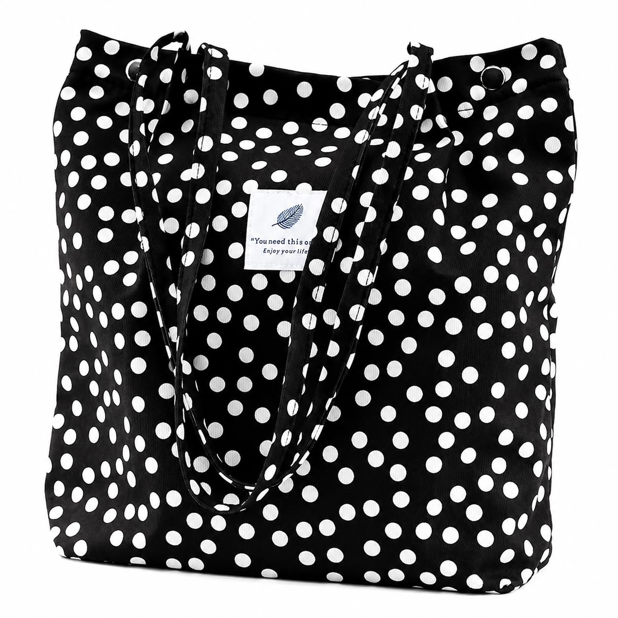 Lyrovo Women Corduroy Shoulder Tote Bag for Work Beach Travel and Shopping Grocery (White Polka)