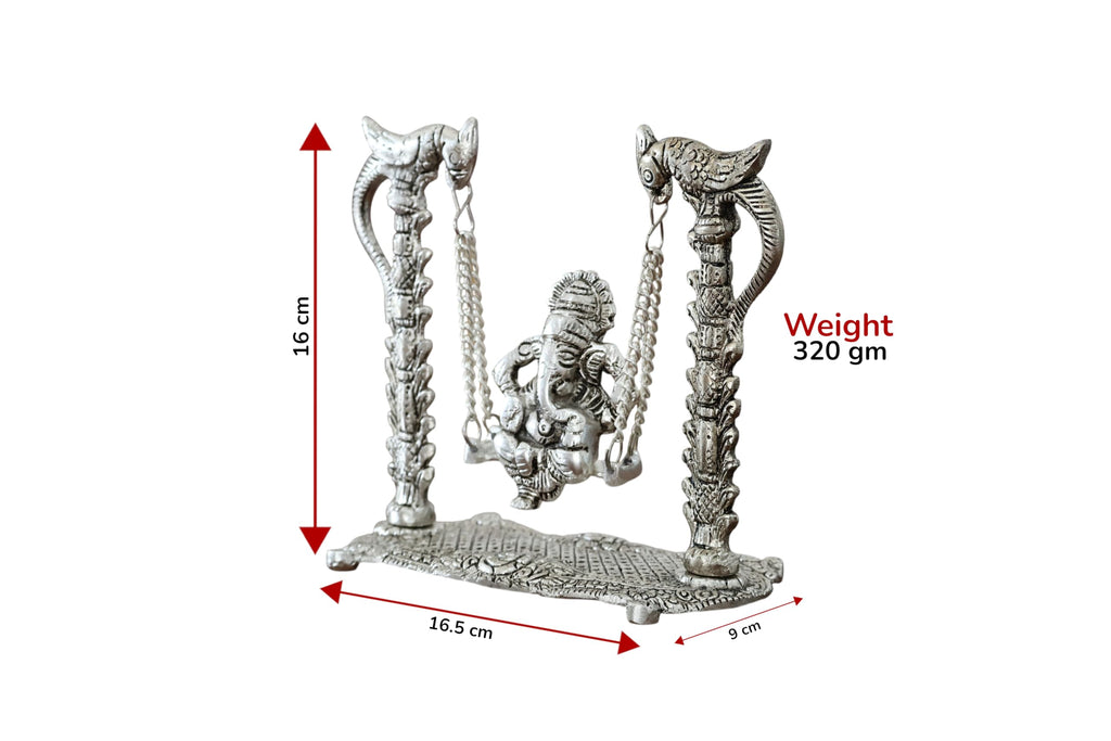 KridayKraft Aluminium Lord Ganesha on Parrot Jhula Idol | Silver Oxidized Finish Decorative Showpiece for Home Decor, Temple, Living Room, Office & Festive Gifting.