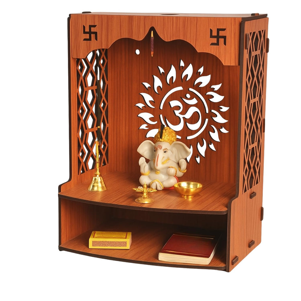 ANCHARA Wooden Pooja Mandir for Home | Handcrafted Small Home Temple with Om Design | Wall-Mounted/Countertop Prayer Unit | Compact Mandir for Office, Home, Gift | 27 x 14 x 36 cm