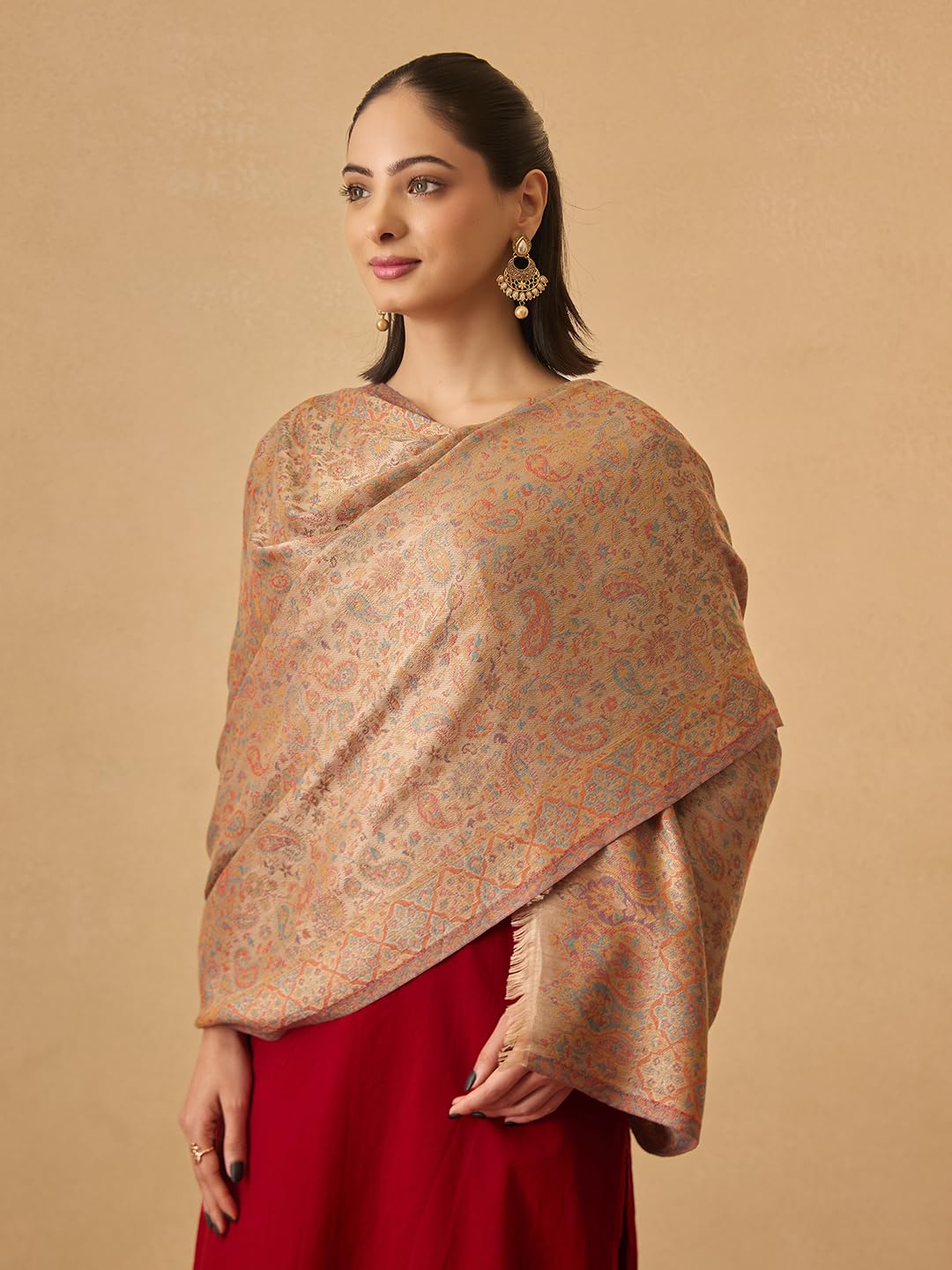 Pashmoda Women Chandni Kaani Stole, Authentic Kashmiri Luxury Pashmina Style Shawl, Stole, (Size 28x80 Inches, Mustard Color) MAVST07