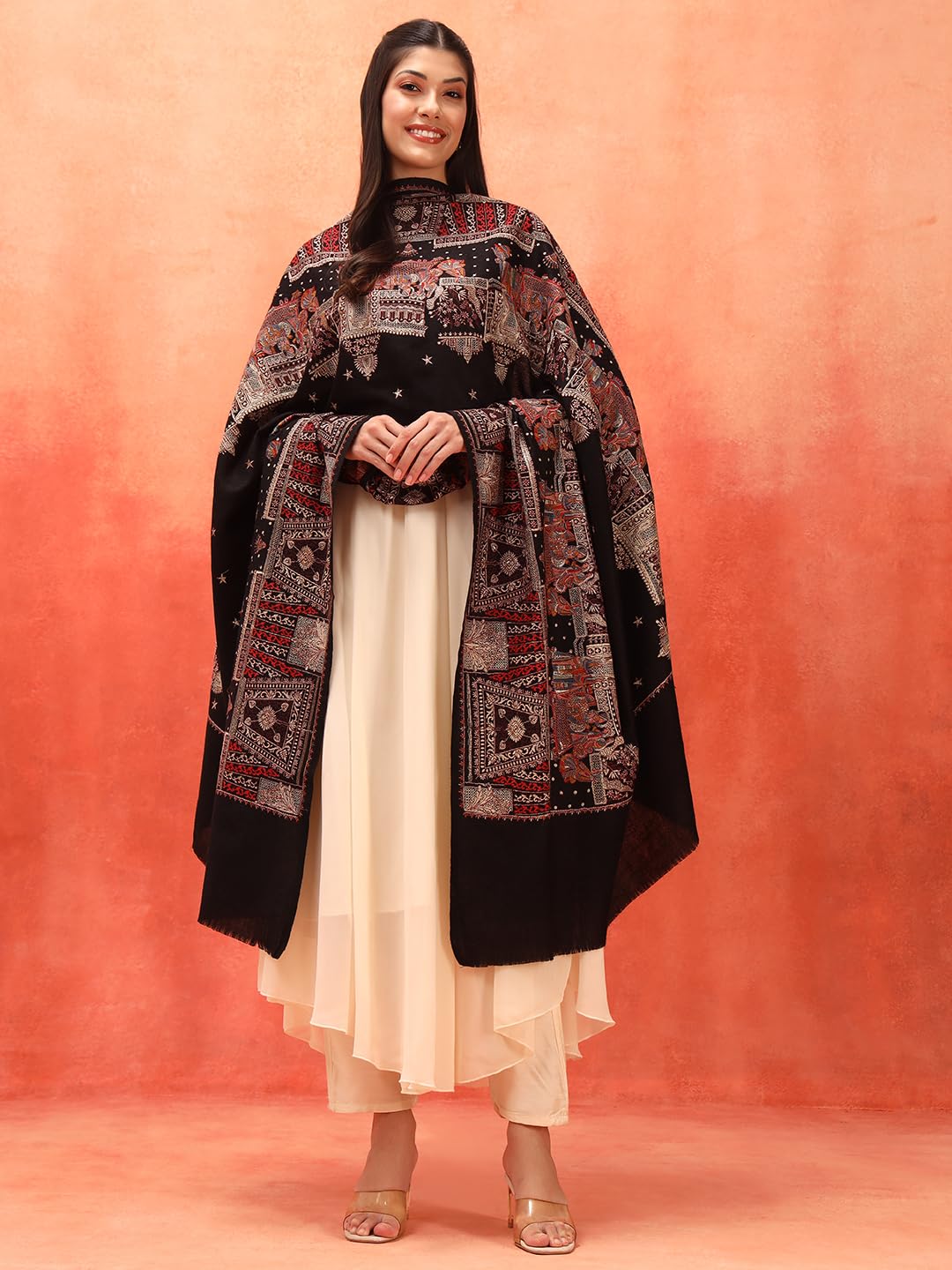 Pashmoda Women Zavian 100% Pure Wool Fabric Sozni Embroidered Shawl, Stole and Wrap, Heritage Pashmina Kashmiri Stole, Shawl, Wrap (Size: 40x80 Inches, Black Color) LIS38