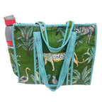 The House of RajPadmini Floral Quilted Cotton Shopping Tote Bag, 16x16 inches, Striped Trim, External Bottle Pocket (Animal Print Green)