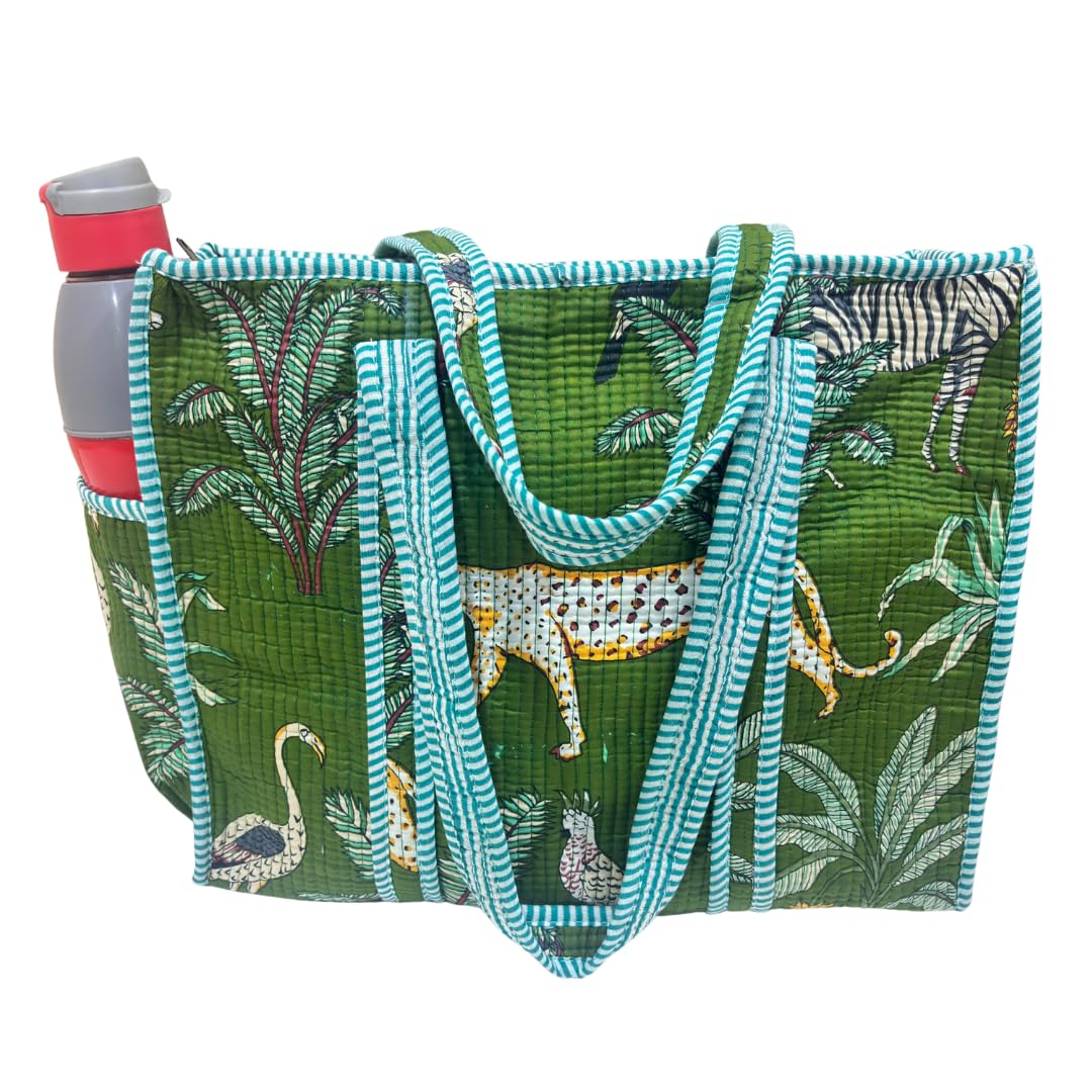 The House of RajPadmini Floral Quilted Cotton Shopping Tote Bag, 16x16 inches, Striped Trim, External Bottle Pocket (Animal Print Green)
