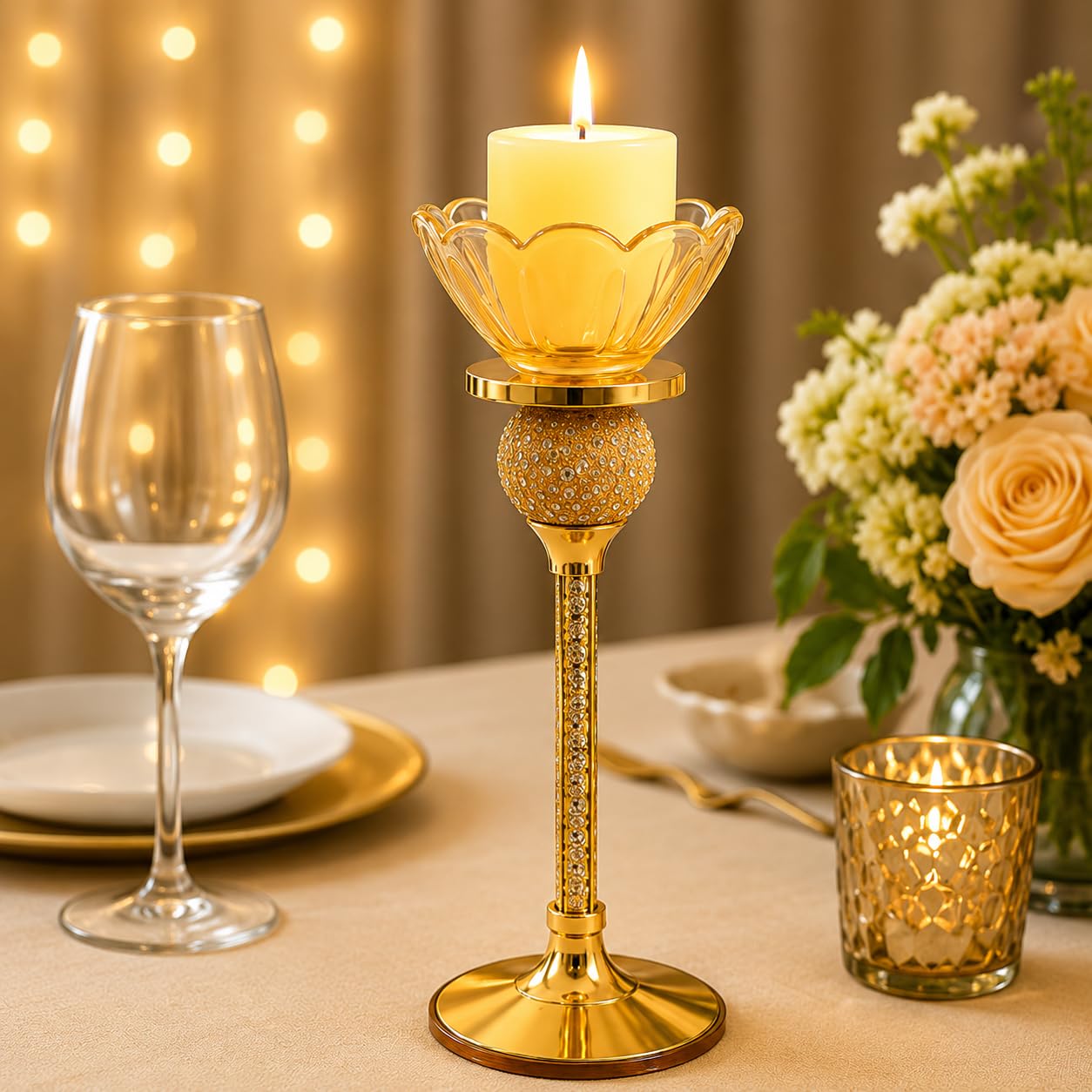 B2 Crystal Metal Candle Holder Stand for Home Decor | Gold Finish Glass Votive Candle Stand | Pillar Candle Holder for Living Room, Dining Table, Wedding, Diwali & Festive Decoration (Big - 1)