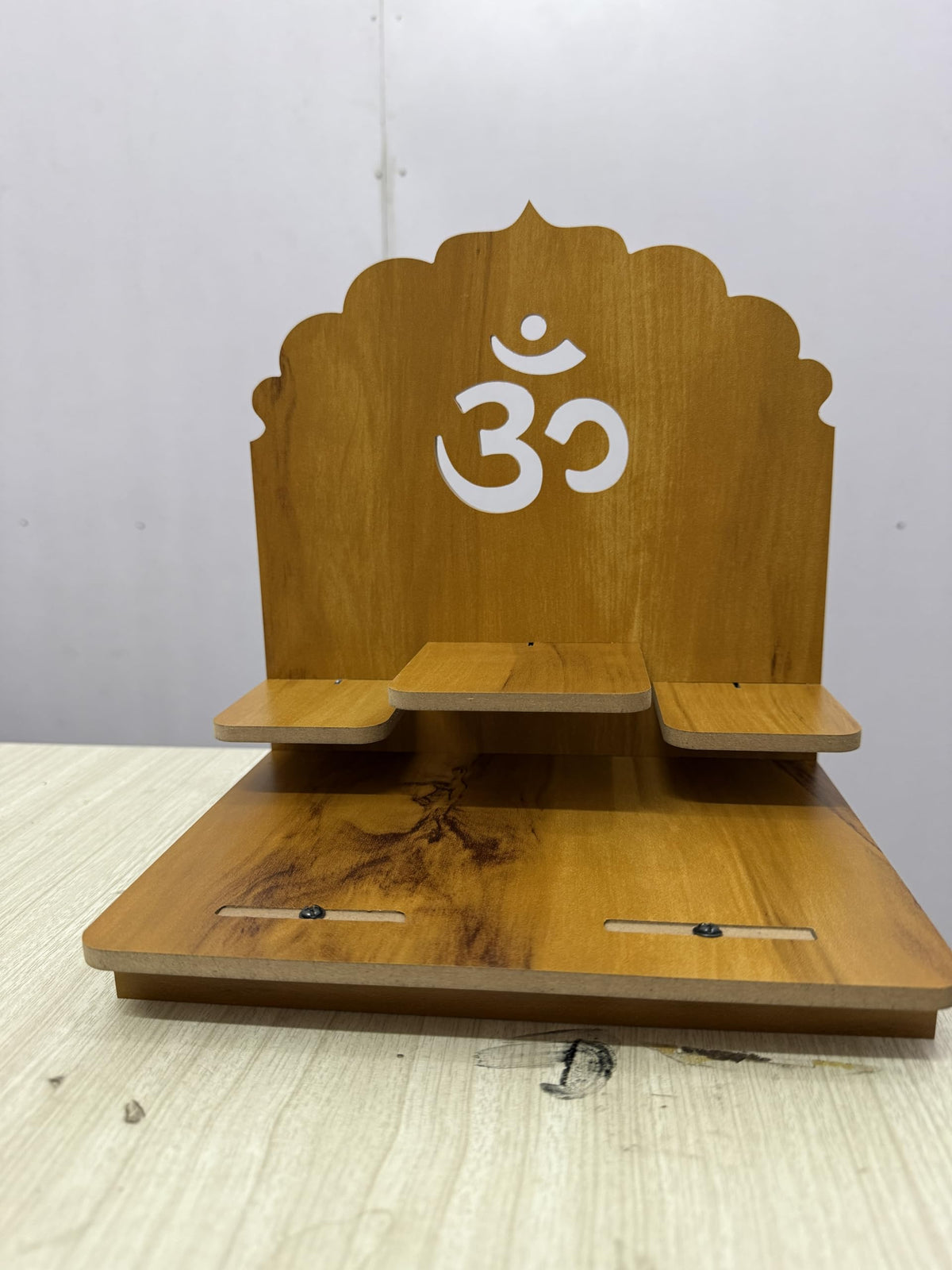 EXPRO Wooden Pooja Stand for Home & Office | Engineered Wood Singhasan for Idols | Wall Mounted & Tabletop Pooja Mandir with OM Design | DIY Small Temple for Living Room & Office (Brown)