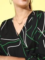 Style Qwuotient Women Black & Green Geometric Print Wrap Top