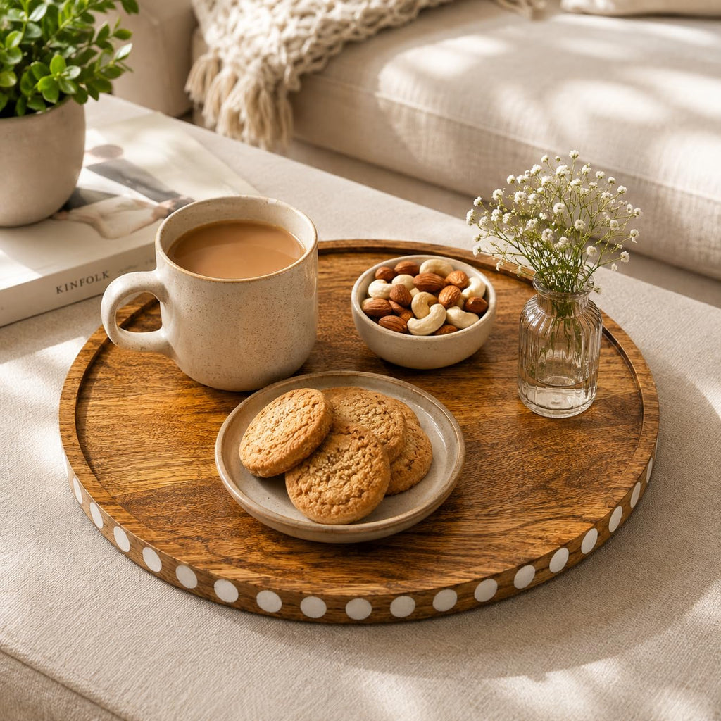 BAUZINI Round Mango Wood Serving Tray Handmade Decorative Wooden Tray with Raised Edge Tea, Coffee, Breakfast & Snack Serving Platter for Kitchen & Home Decor Brown & White -28 * 28 * 2.5 cm