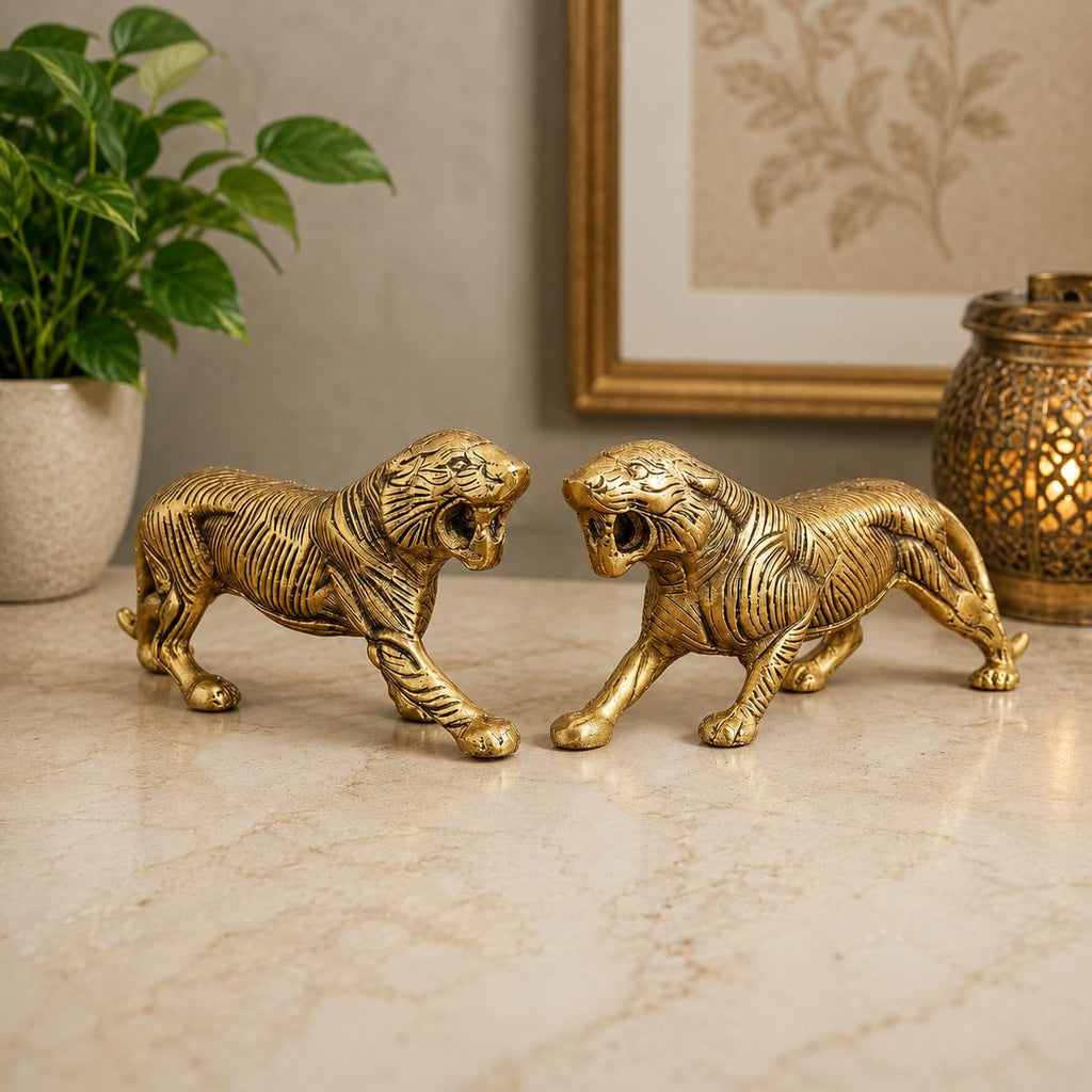 KridayKraft Golden Metal Antique Tiger 2 Pcs Set/Jaguar/Panther/Sher Figurine Table Top Decorative,Feng Shui & Vanstu,Animal Showpiece Figurines. Set of 2 pcs