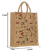 Srgaly Unisex-Adult Orange & Green & Yoga Printed Jute Bag for Lunch, Office, Grocery, Picnic, Tiffin, Shopping Hand Bag with Padded Cotton Handles - Pack of 3