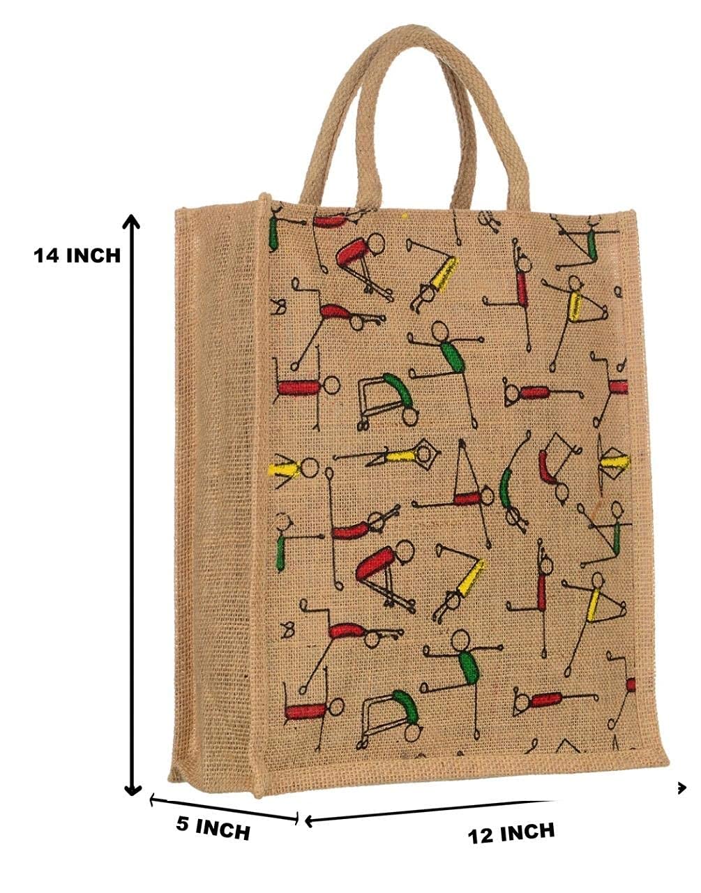 Srgaly Unisex-Adult Orange & Green & Yoga Printed Jute Bag for Lunch, Office, Grocery, Picnic, Tiffin, Shopping Hand Bag with Padded Cotton Handles - Pack of 3