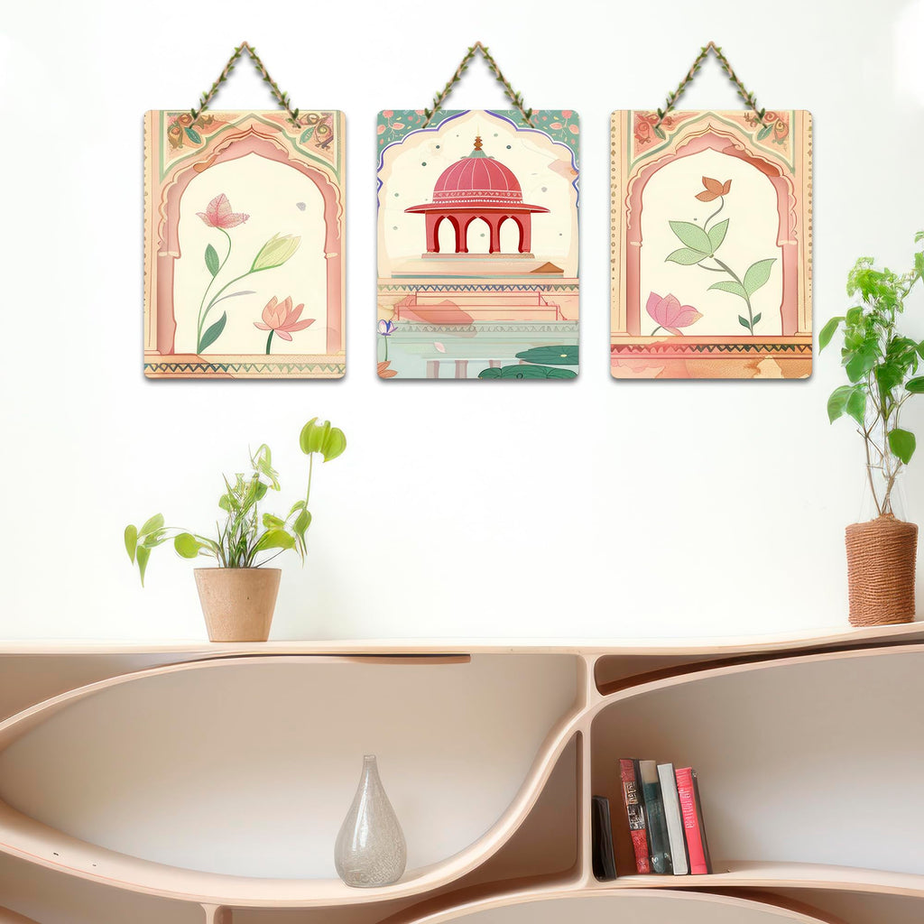Artvibes Cultural Indian Royal Arch & Lotus Traditional Wooden Wall Hanger for Home Decor | Living Room | Art For Wall | Modern Artwork | Wall Illustrations | Unique Gift Items (WH_9663N), Set of 3