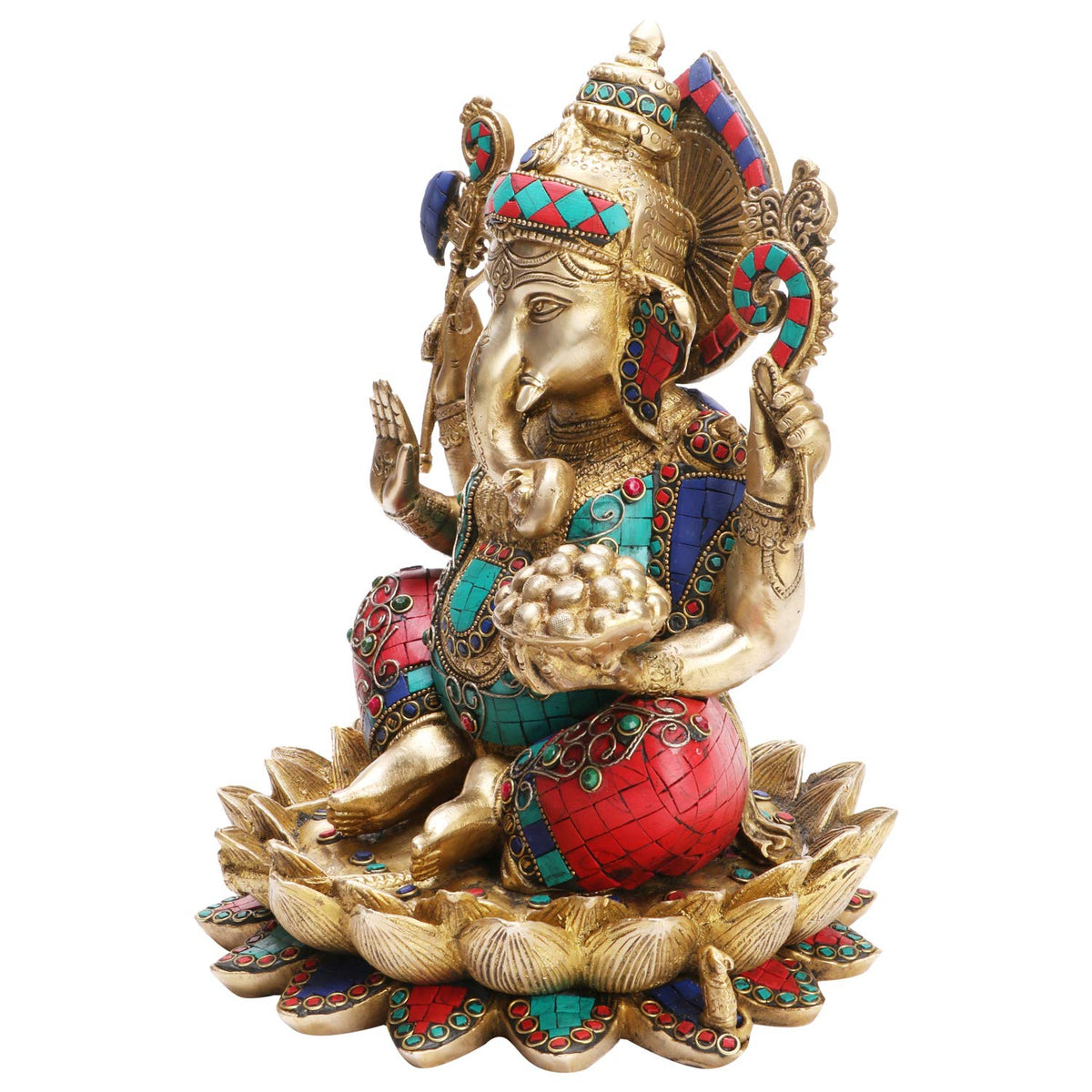 ARTVARKO Large Brass Ganesha Idol Ganpati Ganesh Murti Bhagwan Idol Sitting on Lotus for Home Décor Mandir Height 11 Inches