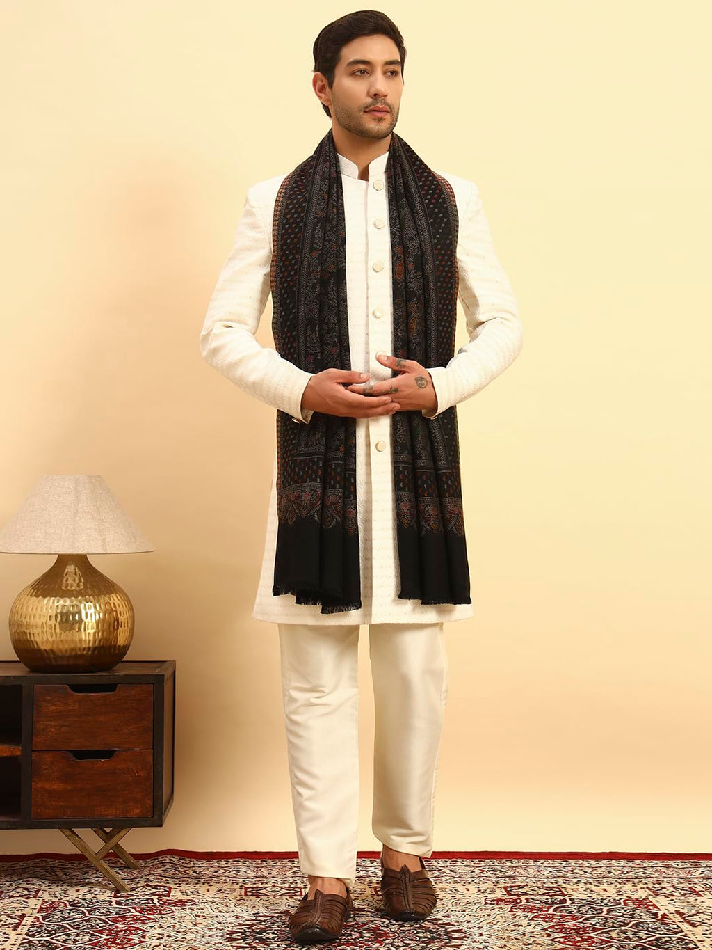 Pashmoda Men Paisley Harmony Kaani Stole, Authentic Kashmiri Luxury Pashmina Style Shawl, Stole, Small Size Gents Lohi, (Size 28x80 Inches,Black Color) MAVST10