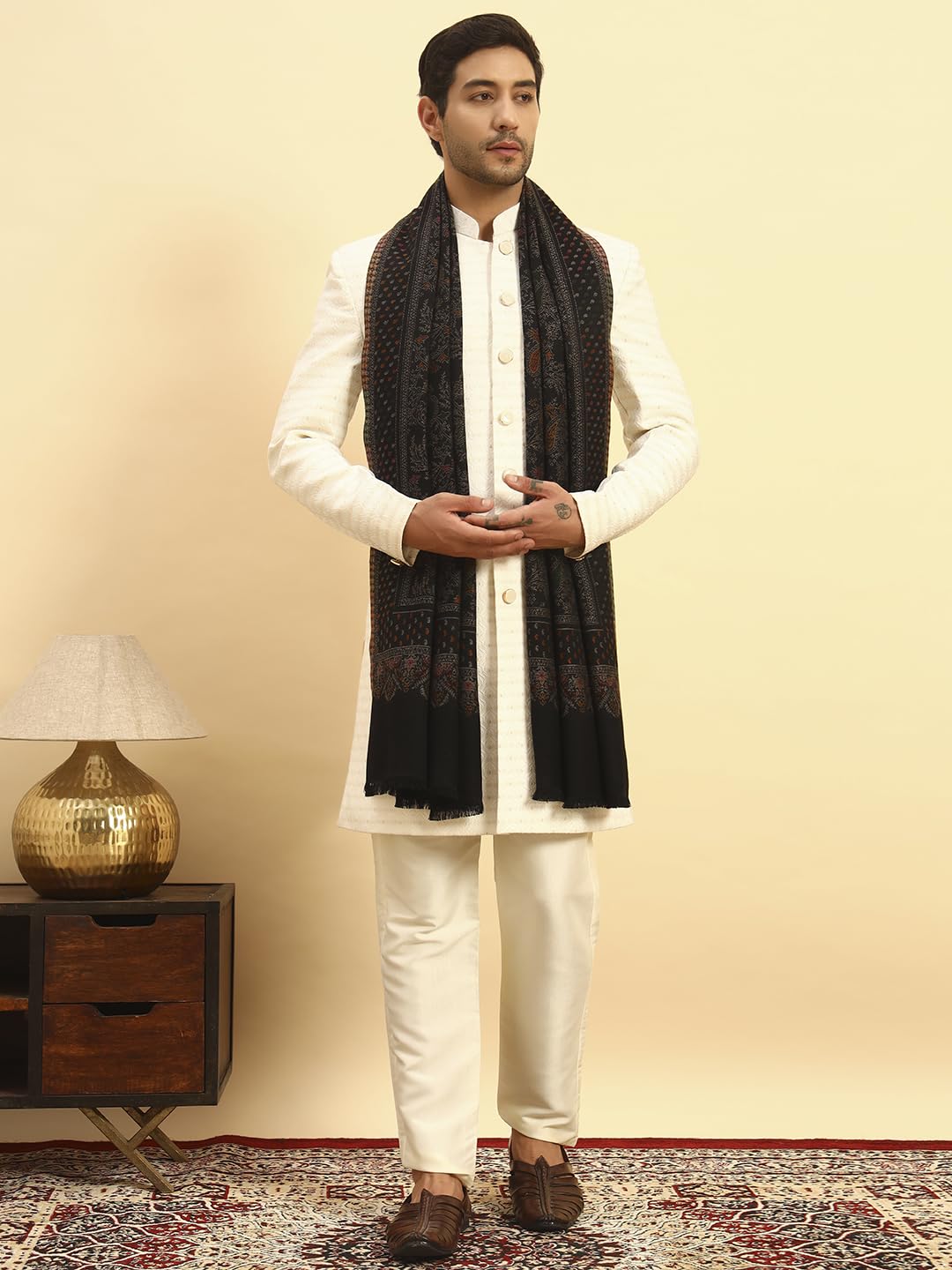 Pashmoda Men Paisley Harmony Kaani Stole, Authentic Kashmiri Luxury Pashmina Style Shawl, Stole, Small Size Gents Lohi, (Size 28x80 Inches,Black Color) MAVST10