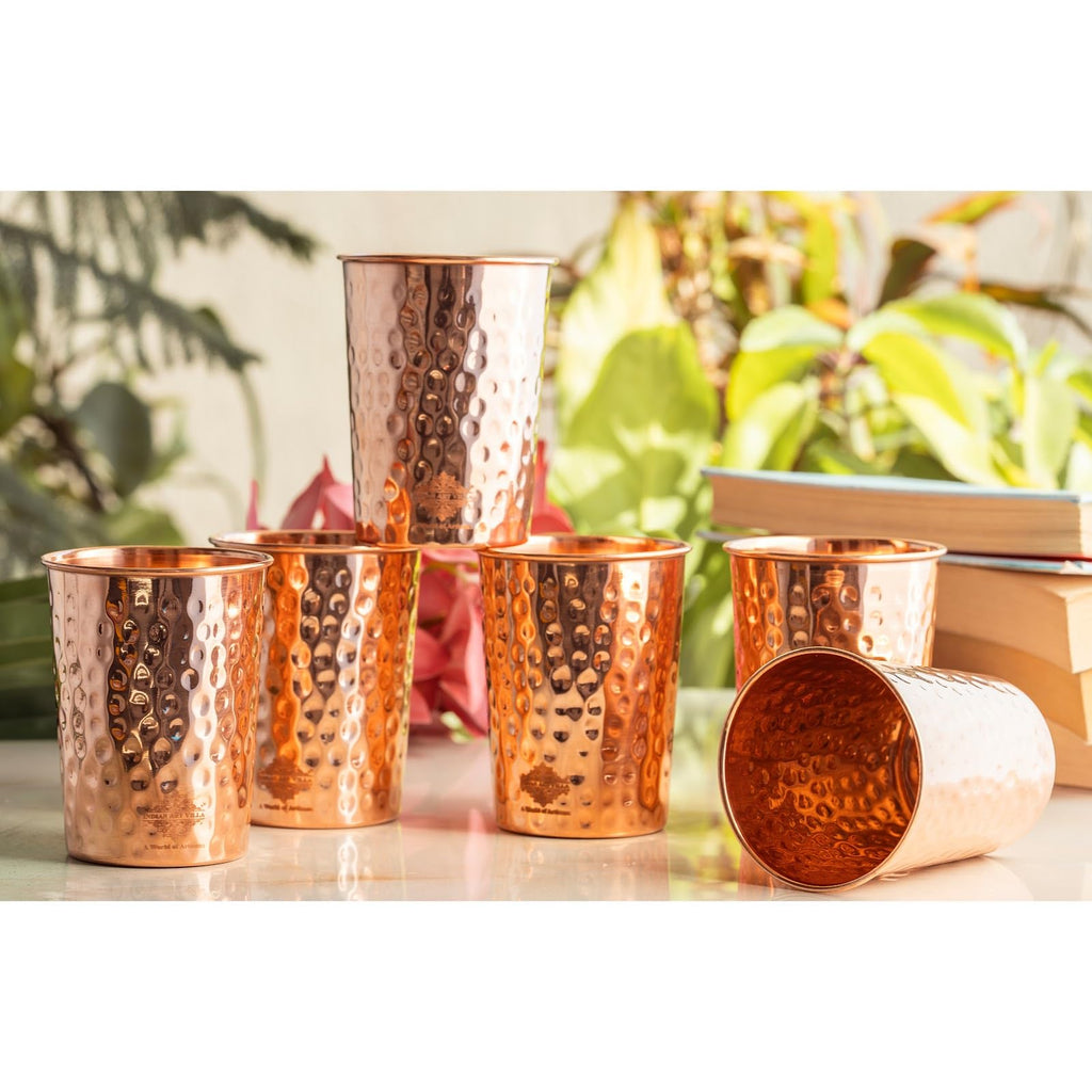 INDIAN ART VILLA Pure Copper Plain Glass with Hammered Design, Drinking Serving Water, Yoga Ayurveda, Volume- 275 ml, Pack of 6