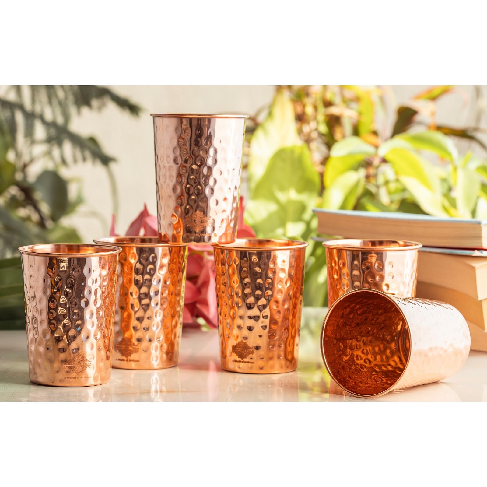 INDIAN ART VILLA Pure Copper Plain Glass with Hammered Design, Drinking Serving Water, Yoga Ayurveda, Volume- 275 ml, Pack of 6