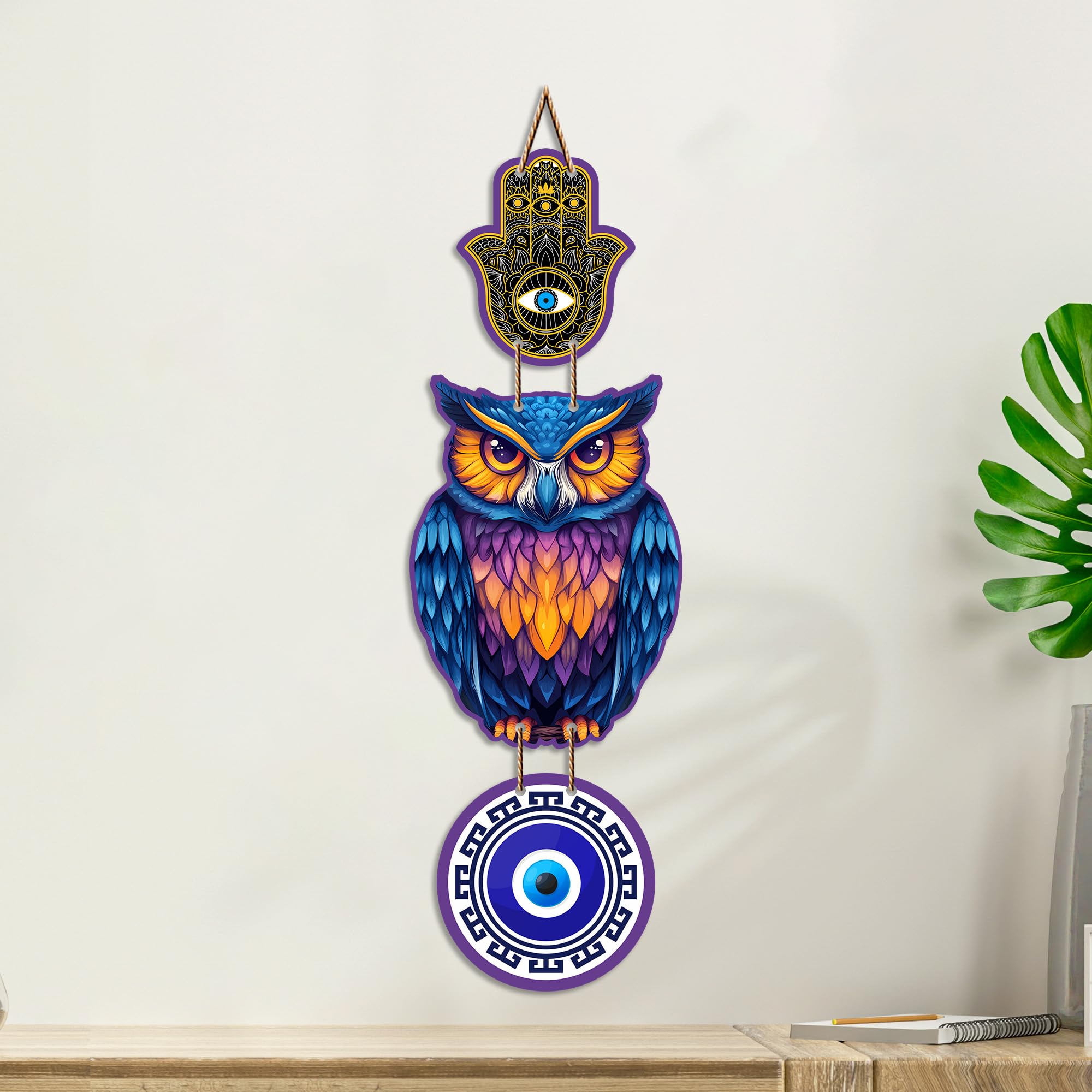 Artvibes Lucky Owl Nazar Battu Wall Hanging for Main Door & Entrance | Evil Eye MDF Decorative Wall Art | Positive Energy Vastu Decor for Living Room | Balcony | Office | Hallway | Gift (WH_8529N)
