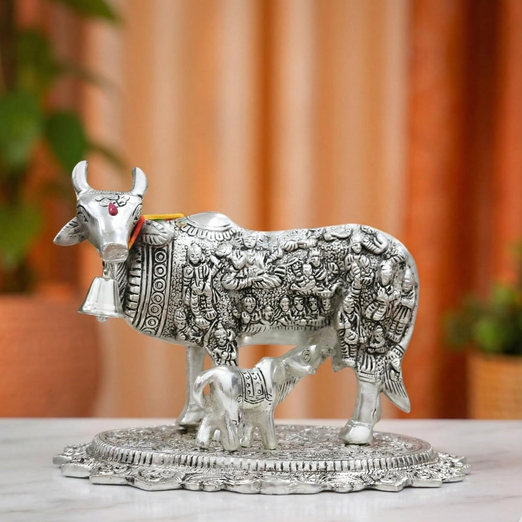 Kamdhenu Cow with Calf Idol for Home Decor | Metal Cow Statue with Intricate Embossed Design | Vastu & Pooja Decorative Showpiece | Temple, Office, Housewarming & Gift Item (Silver)