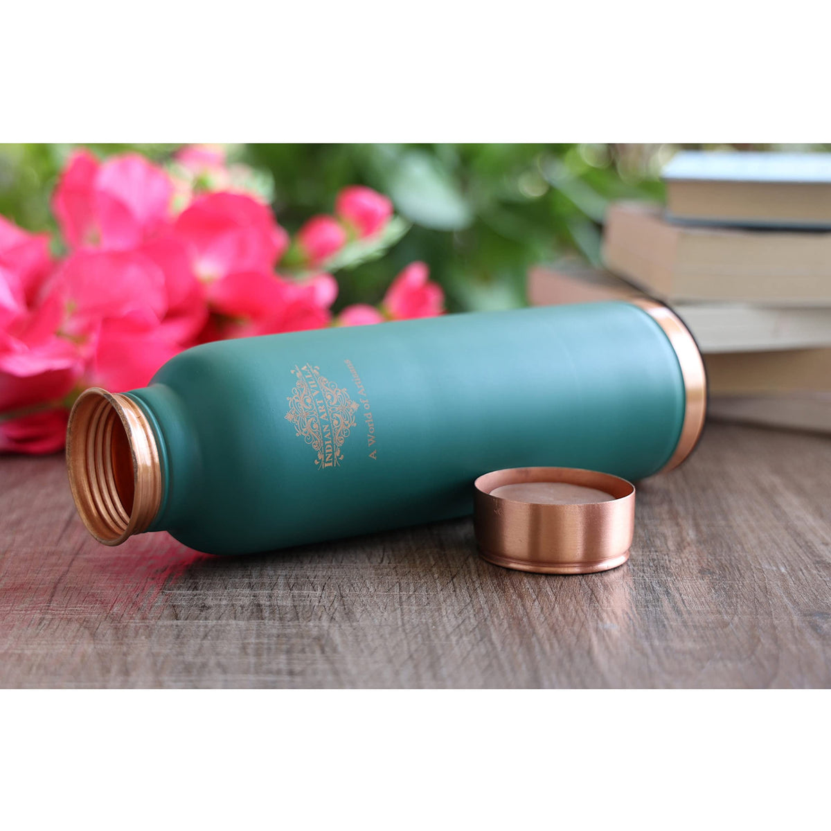 Indian Art Villa Copper Lacquer Coated Silk Finish Leak Proof Ergonomic Design Bottle in Turquoise Color, 900 ml, Pack of 1