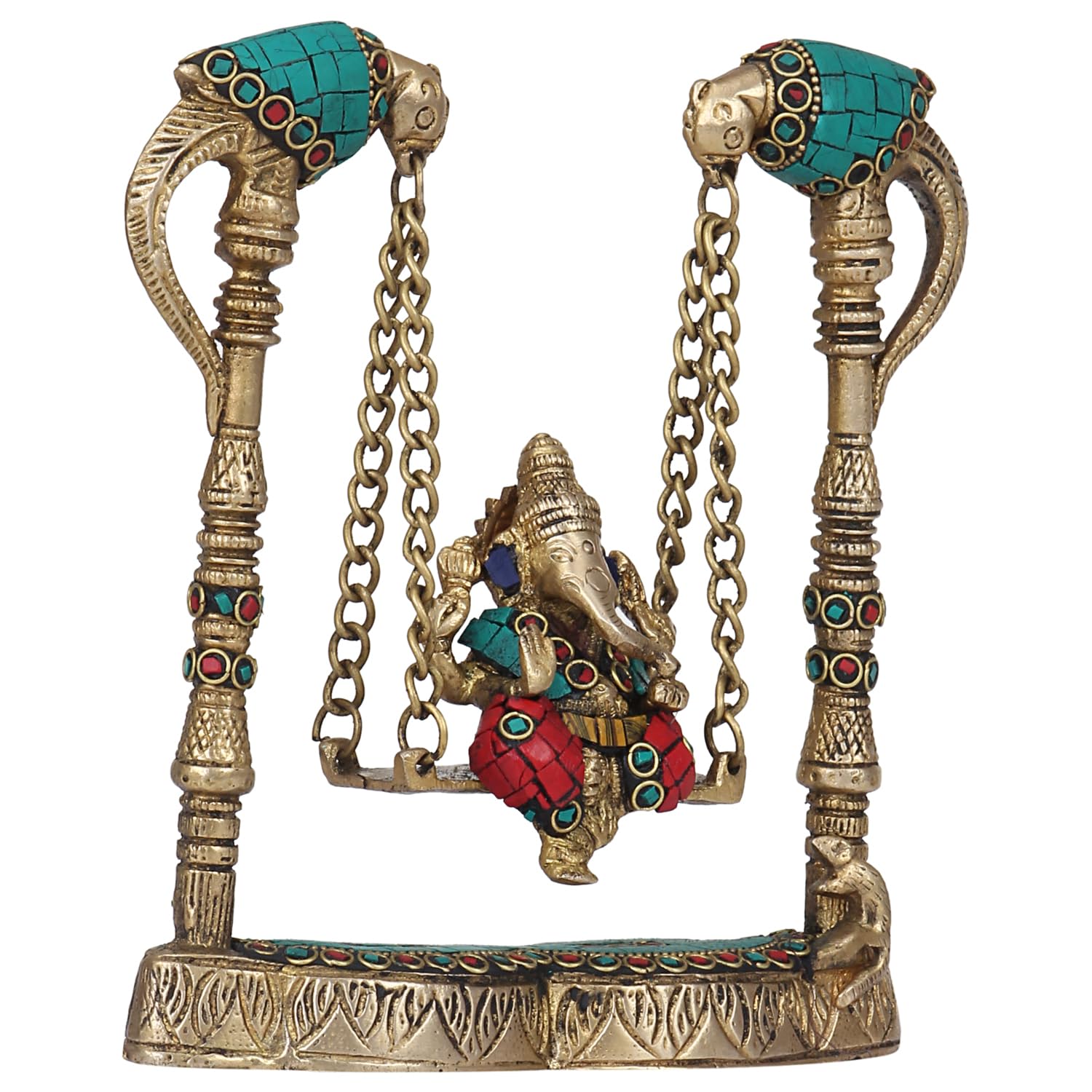 SVARUP Brass Ganesha on Jhoola Ganesh Swing Decor Showpiece Handcrafted Statue 8 Inch, Multicolor