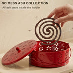DSH Metal Mosquito Coil Holder with Lid & Handle Ash Catcher Stand for Mosquito Coil Indoor Outdoor Safe Use (Red)