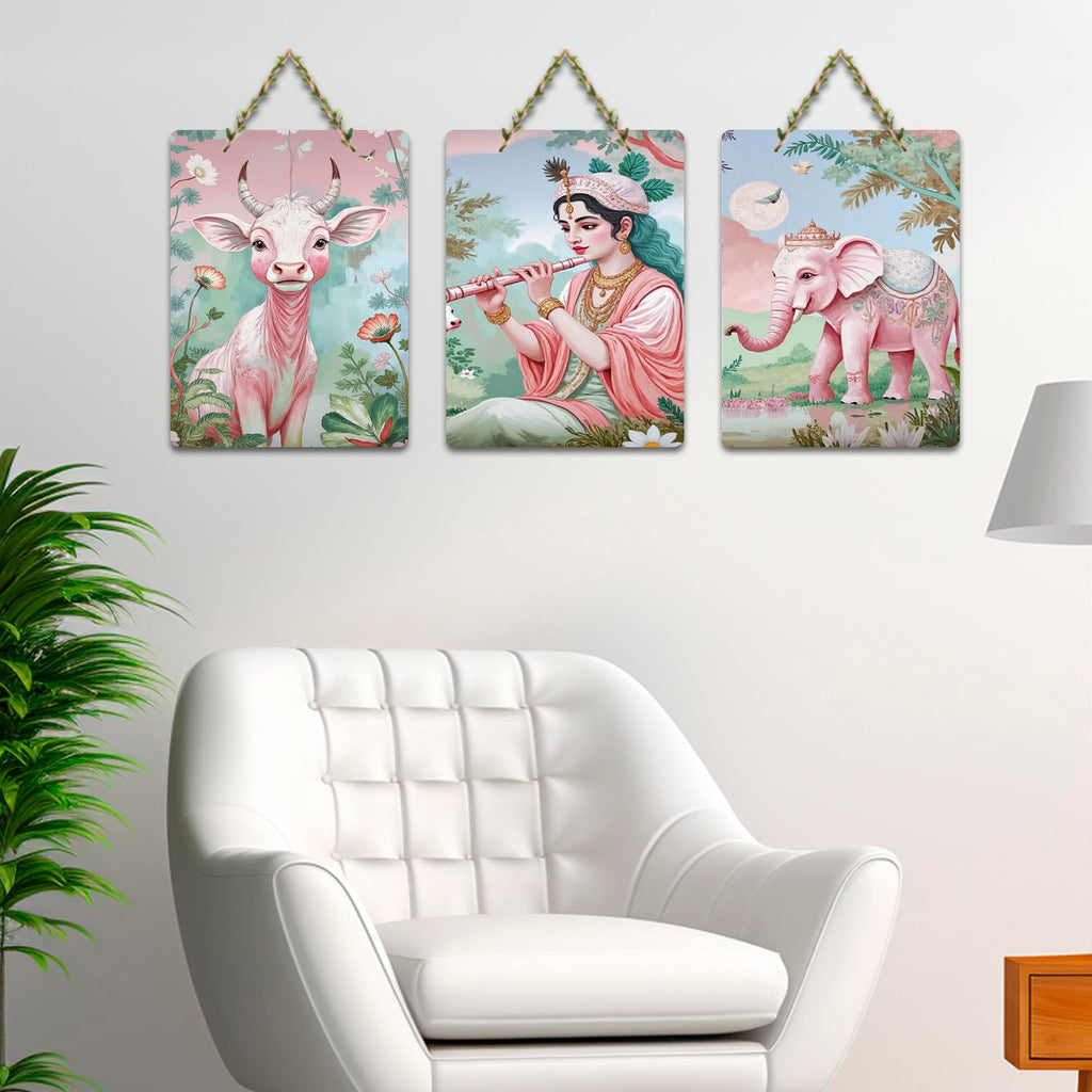 Artvibes Blissful Krishna Cow & Elephant Nature Art Wooden Wall Hanger for Home | Spiritual Decor Items | Wall Poster | Artwork| Stylish Modern Decor Item | Gift Items (WH_9650N), Set of 3