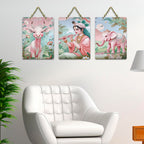 Artvibes Blissful Krishna Cow & Elephant Nature Art Wooden Wall Hanger for Home | Spiritual Decor Items | Wall Poster | Artwork| Stylish Modern Decor Item | Gift Items (WH_9650N), Set of 3