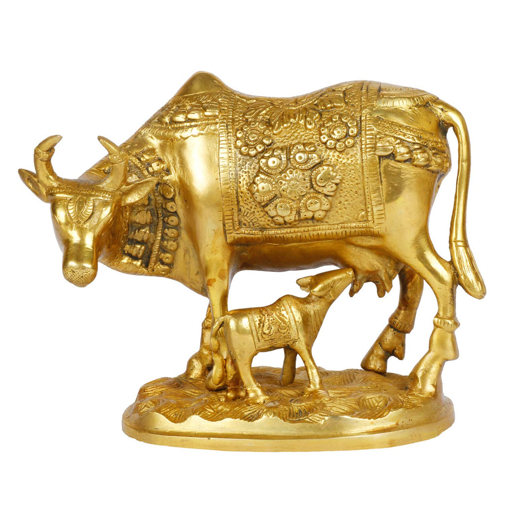 ARTVARKO Lucky Nandi Kamdhenu Cow & Calf Brass Sculpture Religious KamDhenu Cow Statue 8 Inch Gold Color 1 Pcs Standard.