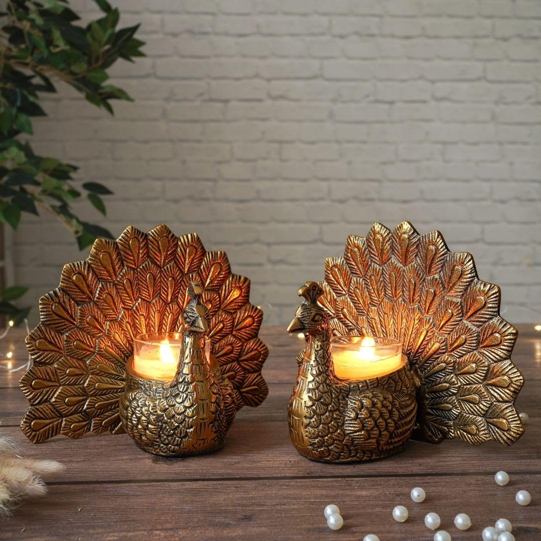 BEHOMA Metal Dancing Peacock Figurine Pair for, Gold - Set of 2