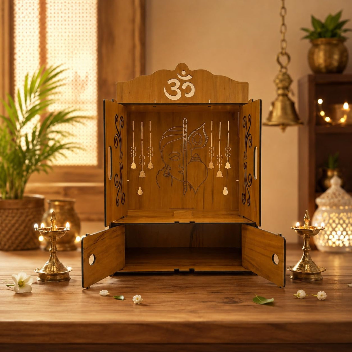 Privla Wooden DIY Small Size Home Temple with Door & Drawer Engineered Wood Pooja Mandir | Lord Ganesh JI Design | Wall Hanging & Floor Resting Mandir (Pack of 1) (02-KANHA JI-) 32 * 30 * 32cm