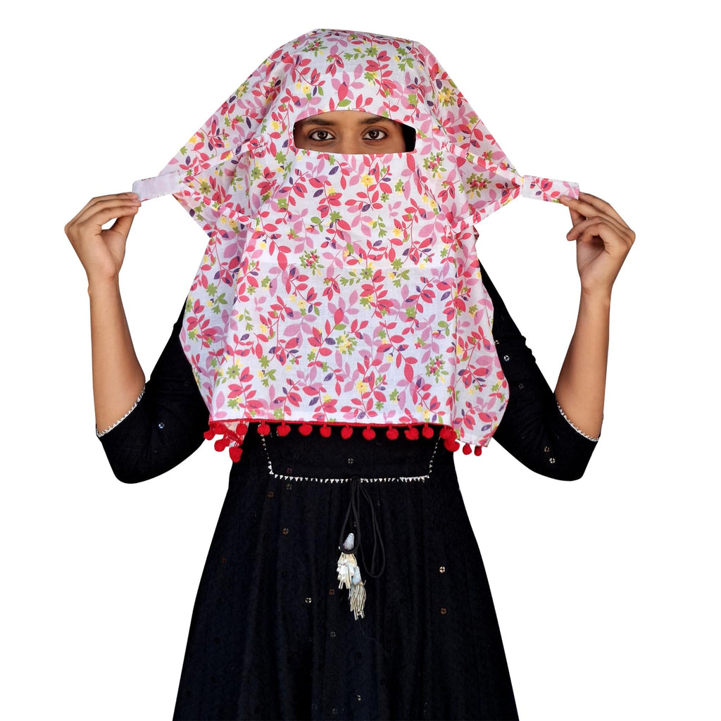 Switchon Pure Cotton Innovative scarf Hijab for Women with closer 3 inch Hook and Loop Tape for size adjustment for 12 yrs and above (Multi_Red)
